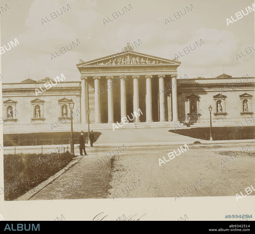 Glyptothek, Königsplatz, Munich, Germany, The Glyptothek is a museum of arachaic and classical art. It was commissioned by Crown Prince Louis, later King Louis I, at Königsplatz and opened to the public in 1830. In front of the central hall is the vestibule with Ionic columns. The tympanum group above it by Johann Martin von Wagner depicts Pallas Athena as protector of the fine arts. To the left and right, statues can be seen in niches. After being destroyed in WWII, it was reopened in 1972., anonymous, c. 1880 - c. 1910, photographic support, cardboard, height 200 mm, width 255 mmheight 510 mm, width 330 mm.