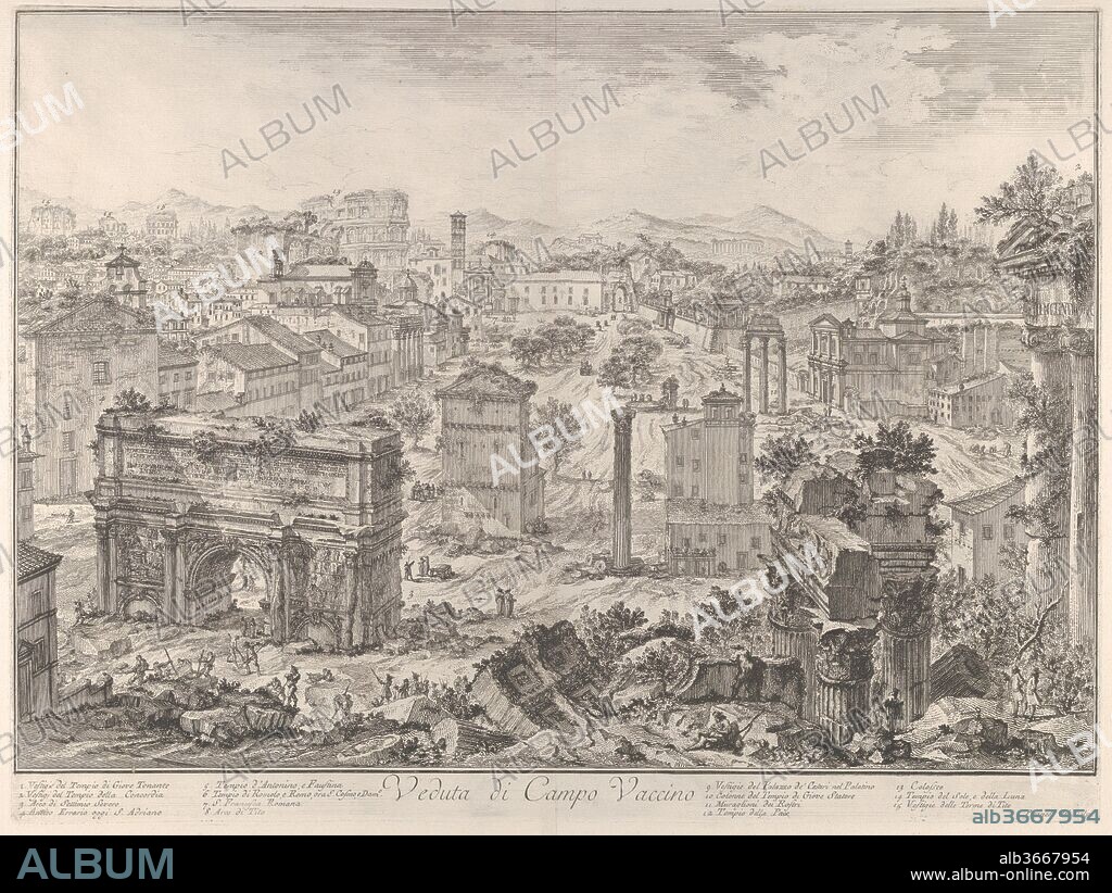 The Forum Romanum, or Campo Vaccino, from the capitol, with the Arch of Septimus Severus in the foreground left, Temple of Vespian right, and the Colosseum in the distance (Veduta di Campo Vaccino). Artist: Giovanni Battista Piranesi (Italian, Mogliano Veneto 1720-1778 Rome). Series/Portfolio: Vedute di Rome (Views of Rome). Date: ca. 1775.