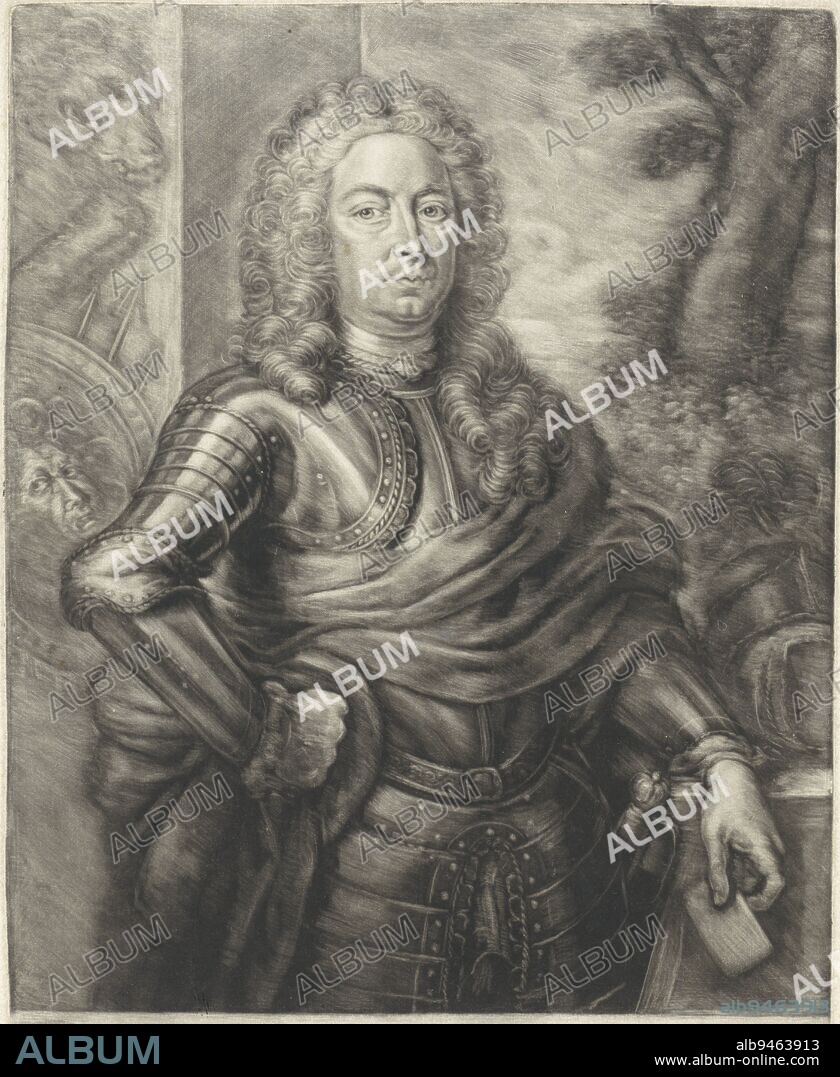 Johan Raye van Breukelerwaard in harness. He was governor general of Surinam from 1735 to 1737, Portrait of Johan Raye van Breukelerwaard., print maker: Johannes van Vilsteren, Northern Netherlands, 1740, paper, h 260 mm × w 205 mm.