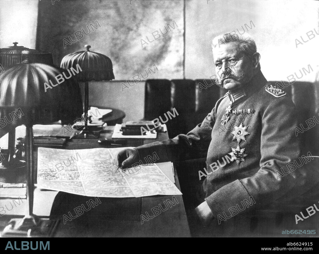 PAUL VON HINDENBURG and Paul von Beneckendorff und von Hindenburg. General Field Marshal Paul von Hindenburg, German military leader, in the Western headquarters in Bad Kreuznach on his 70th birthday on the 2nd of October in 1917. 02/10/1917