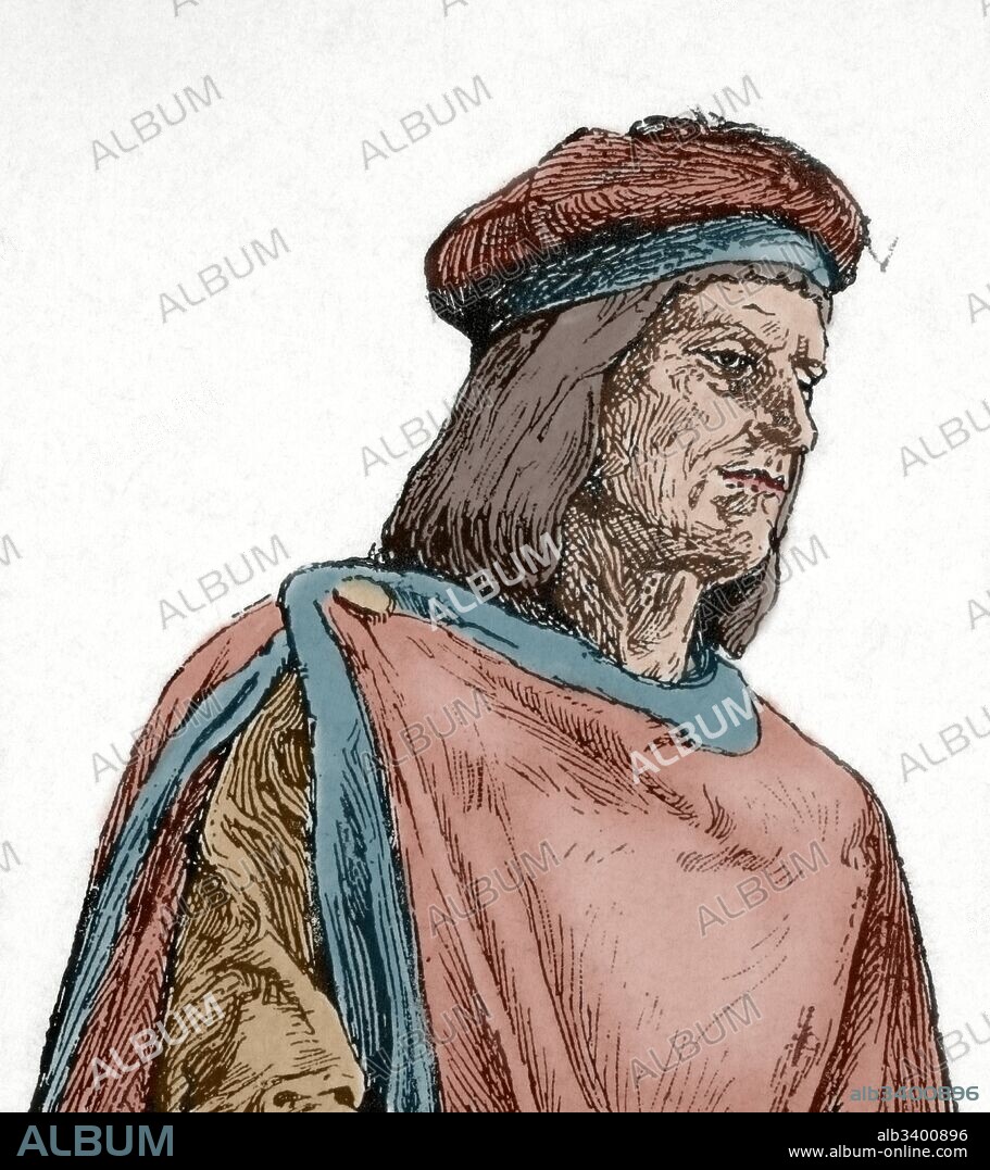 Bernat Desclot. Cronista e historiador catalán. Vivió en la segunda mitad del siglo XIII. Escribió la segunda de las Cuatro grandes Crónicas de la Corona de Aragón "El Libre del Rey en Pere d'Aragó e dels seus antecessors passats". Dibujo de Panissa. La Ilustración Catalana, 1888. Grabado coloreado.