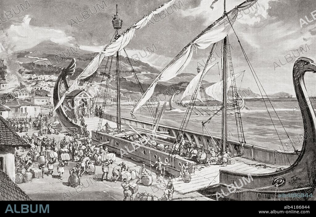 Carausius seizing the Roman fleet at Boulogne and declaring himself emperor over Britain and northern Gaul.  Marcus Aurelius Mausaeus Valerius Carausius, d. 293 AD.  Military commander of the Roman Empire.  From Hutchinson's History of the Nations, published 1915.