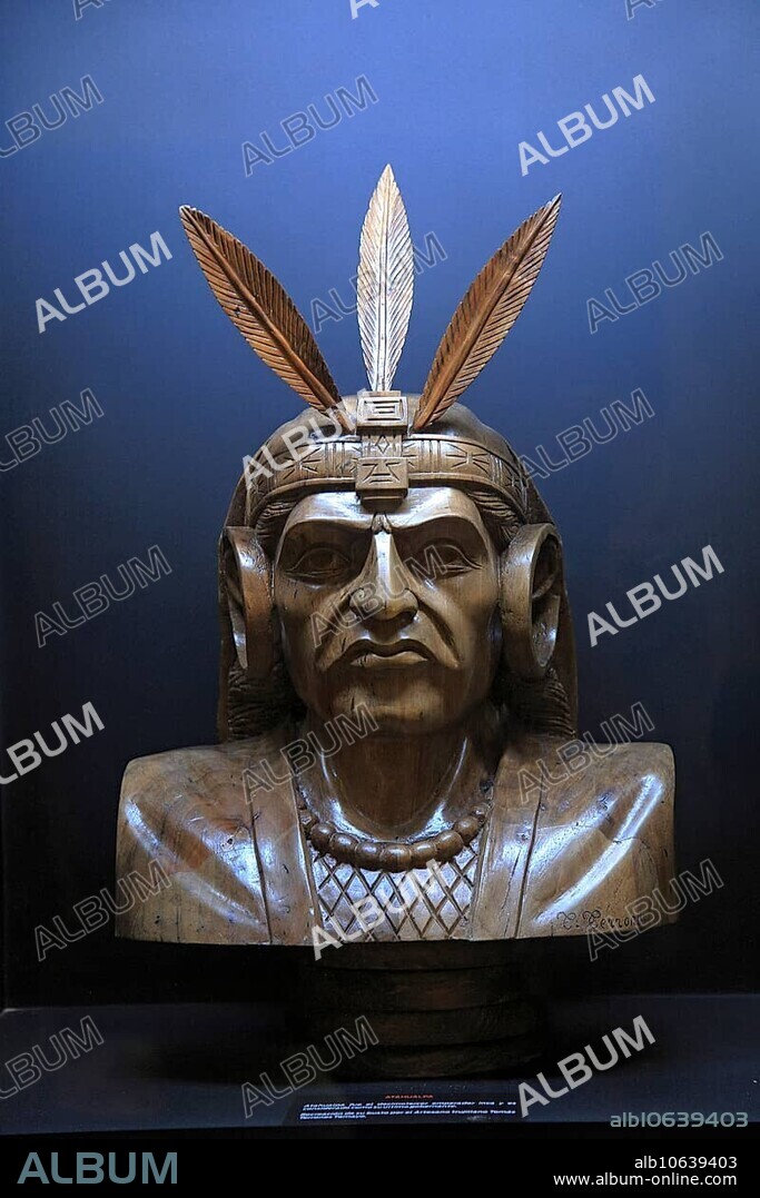 Bust Inca Emperor Atahualpa in exhibition about exploration and conquest of South America, Trujillo, Spain