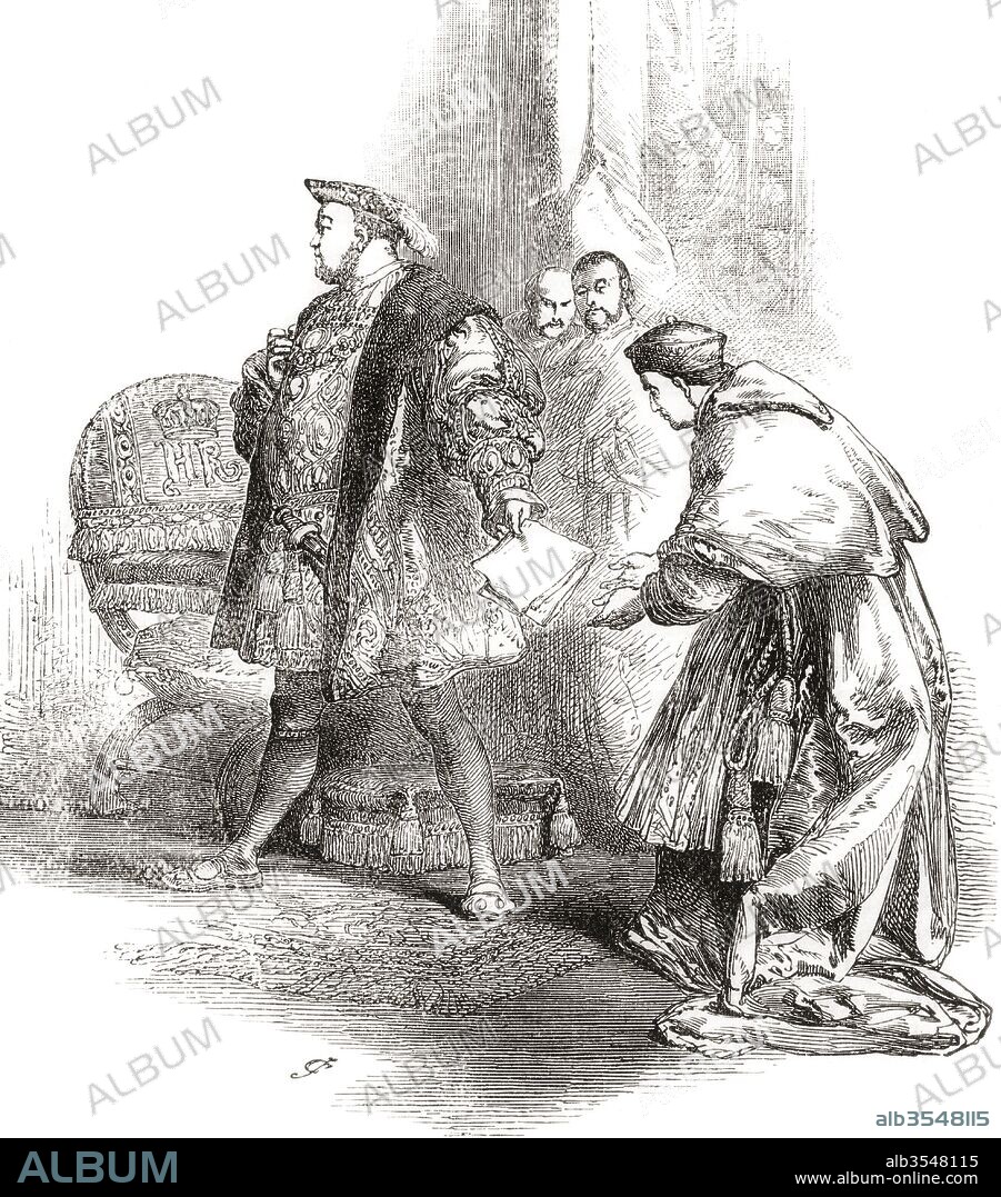 The dismissal of Cardinal Wolsey by King Henry VIII in 1529. Thomas Wolsey, 1473-1530, sometimes spelled Woolsey. English political figure and cardinal of the Roman Catholic Church. Henry VIII, 1491 – 1547. King of England. From The Century Edition of Cassell's History of England, published 1901.