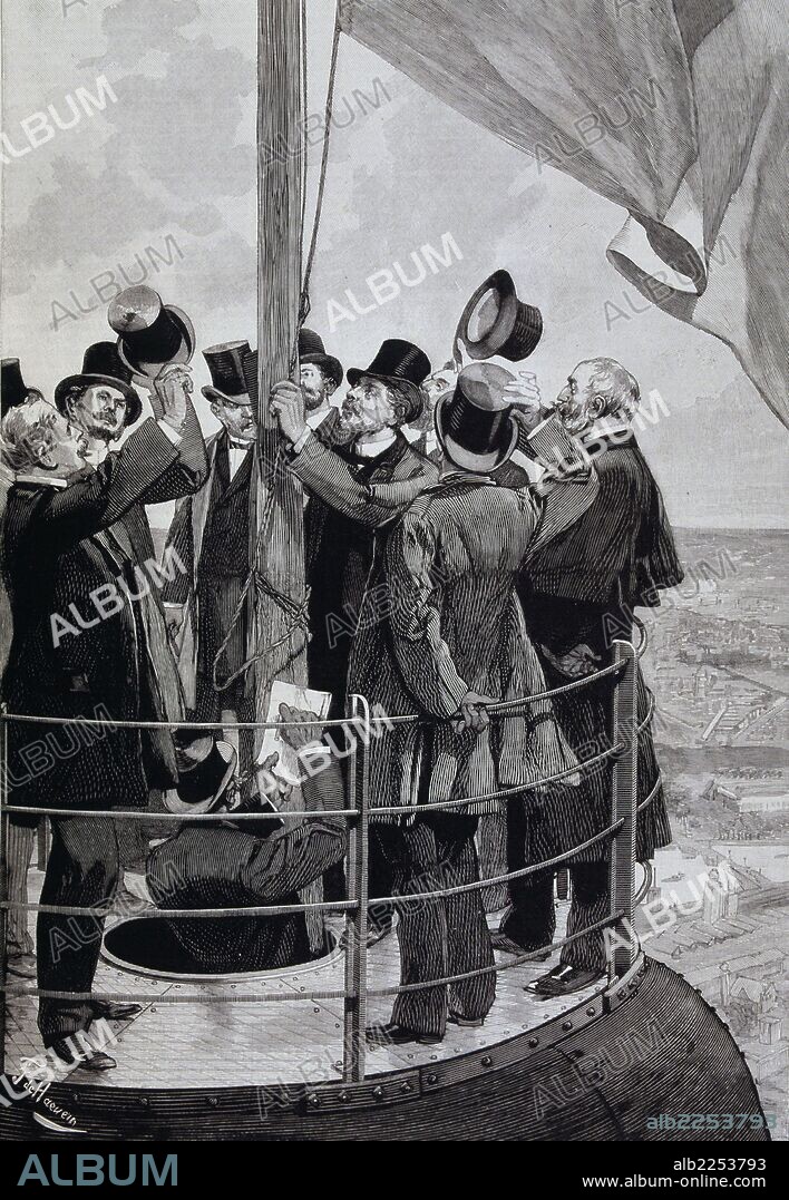 EIFFEL , ALEXANDRE GUSTAVE INGENIERO FRANCES . 1832 - 1923 " EL INGENIERO IZANDO LA BANDERA TRICOLOR EN EL REMATE DE LA TORRE EIFFEL , JUNTO A LA COMISION OFICIAL " GRABADO DE LA ILUSTRACION ESPAÑOLA Y AMERICANA , AÑO 1889.