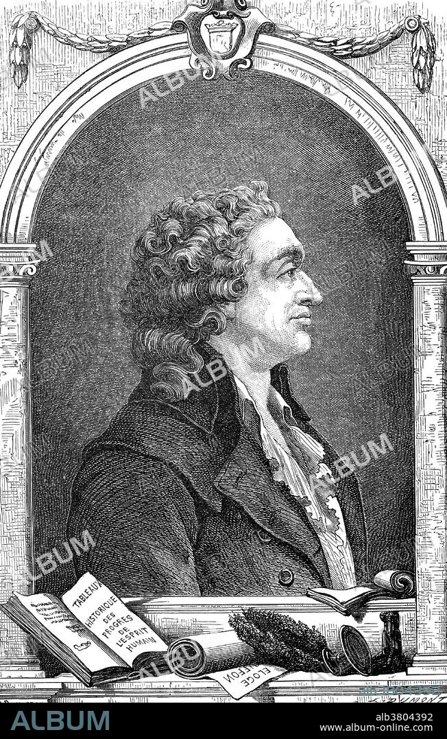 Marie Jean Antoine Nicolas de Caritat, marquis de Condorcet (September 17, 1743 - March 28, 1794) was a French philosopher, mathematician, and early political scientist whose Condorcet method in voting tally selects the candidate who would beat each of the other candidates in a run-off election. He advocated a liberal economy, free and equal public education, constitutionalism, and equal rights for women and people of all races. His ideas and writings were said to embody the ideals of the Age of Enlightenment and rationalism, and remain influential to this day. In 1772, he published a paper on integral calculus which was widely hailed as a groundbreaking. In 1786, Condorcet worked on ideas for the differential and integral calculus, giving a new treatment of infinitesimals - a work which was never printed. He was recognized worldwide and worked with such famous scientists as Leonhard Euler and Benjamin Franklin. He died a mysterious death in prison at the age of 50 after a period of being a fugitive from French Revolutionary authorities. Engraving from "Vies des savants illustres" by Louis Figuier.