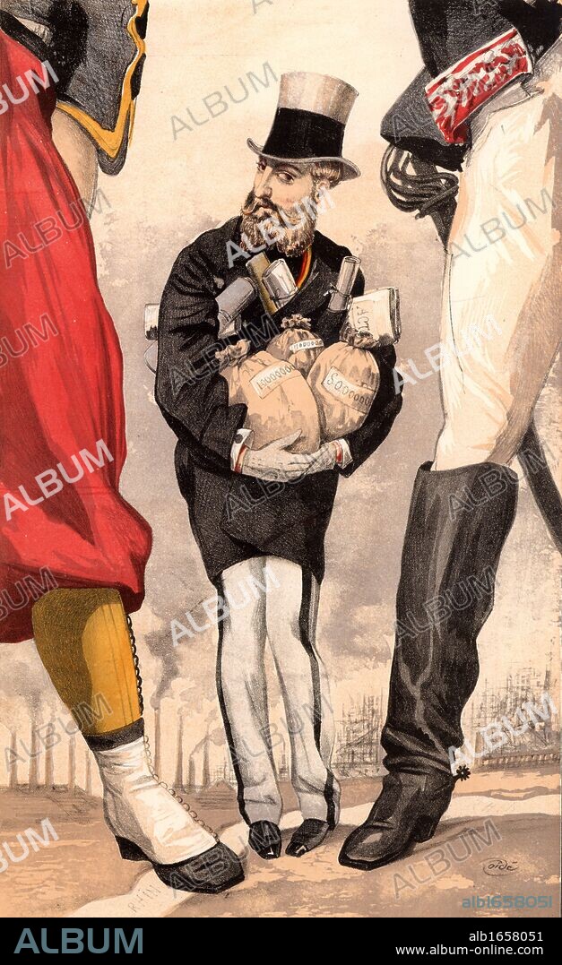Leopold II of Belgium (1835-1909). Reigned from 1865. 'Un roi constituionnel' cartoon by 'Coide' (JJ Tissot - 1836-1902) for "Vanity Fair" (London, 9 September 1869). This shows Leopold clasping the wealth of industrious Belgium while keeping a wary eye on the jackboot of Germany and the foot of France, Belgium's threatening neighbours. Chromolithograph.  (Photo by: Universal History Archive/UIG via Getty Images).