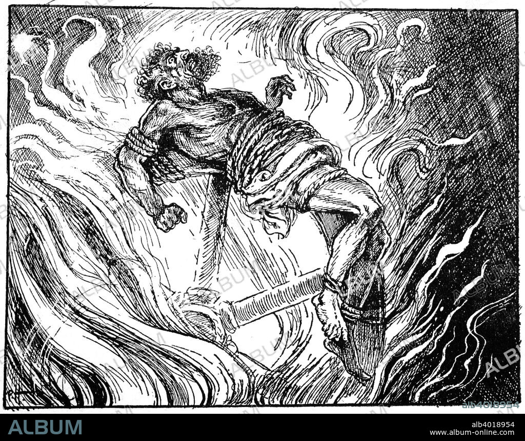 Ixion on the wheel, 1925. Ixion, king of the Lapiths, killed his father-in-law and offended Zeus, so was bound to a burning wheel for eternity. From The Book of Myths by Amy Cruse, 1925.