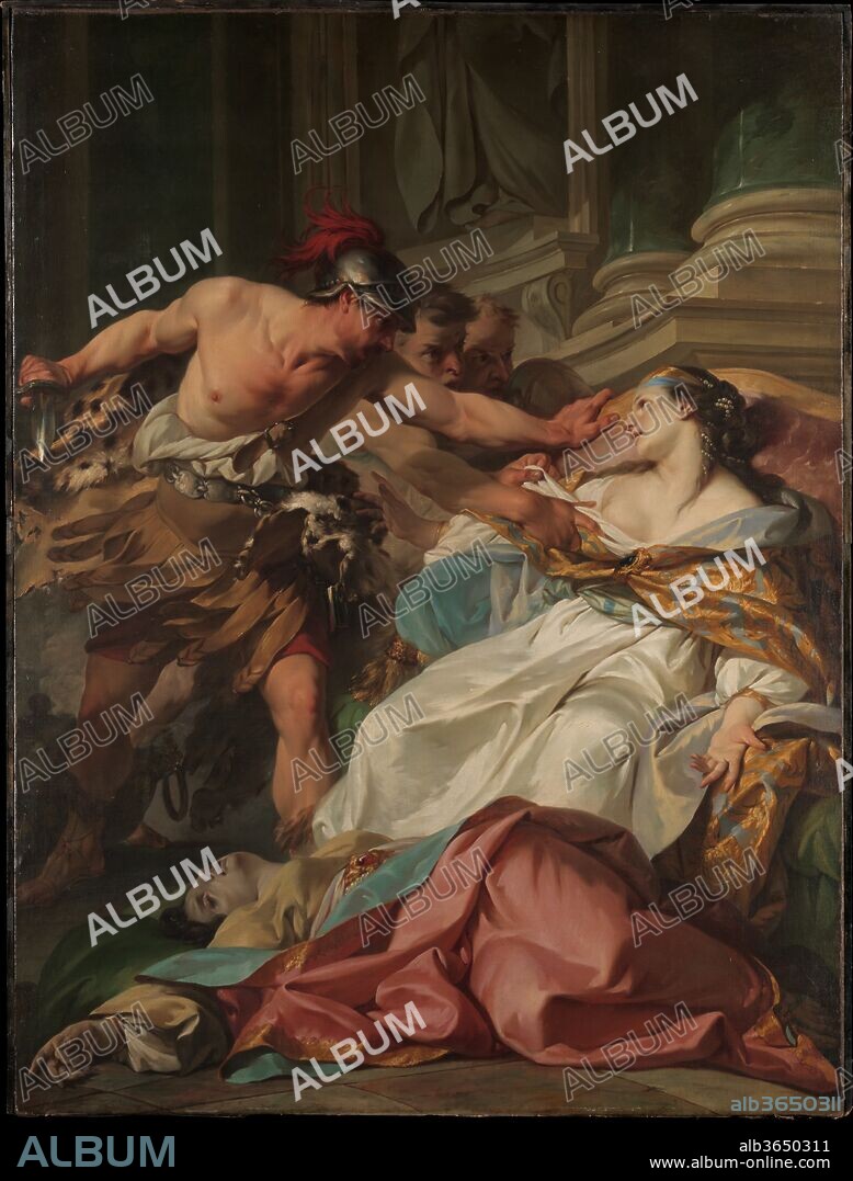 The Death of Harmonia. Artist: Jean-Baptiste Marie Pierre (French, Paris 1714-1789 Paris). Dimensions: 77 1/2 x 58 1/4 in. (196.9 x 148 cm). Date: ca. 1740-41.
The story is rather an obscure one. Harmonia, the daughter of Gelon II, king of Syracuse, was threatened by conspirators. Her governess tried to save her by exchanging her clothes with those of a slave girl, who, dressed as a princess, was murdered. Moved by the girl's courage, Harmonia revealed her identity and was put to death in 214 B.C. The picture was engraved by Charles Nicolas Cochin I in 1751 and was much praised when it was exhibited in the same year. Toward the middle of the eighteenth century, historical subjects with moral overtones were again coming into fashion.