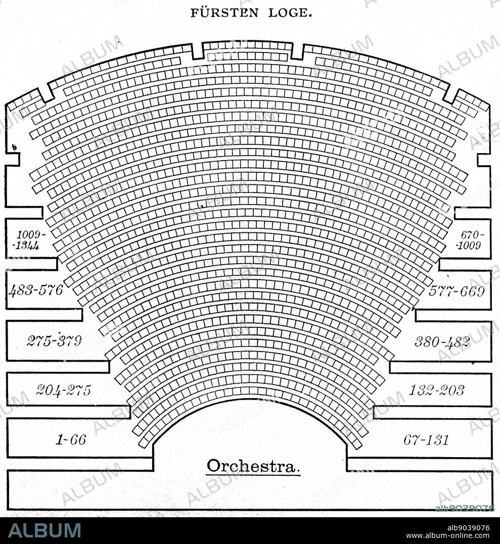 Illustration depicting the interior of the Bayreuth Festspielhaus, an opera house in Bayreuth, Germany. The opera house serves as the venue for the annual Bayreuth Festival. Dated 19th Century.