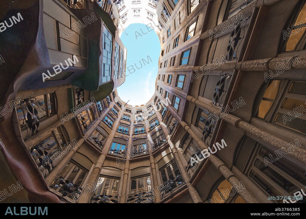 Interior fish eye view of La Pedrera (Casa Mila), an apartment block designed by Antonio Gaudi, UNESCO World Heritage Site, Passeig de Gracia, Barcelona, Catalunya, Spain, Europe.