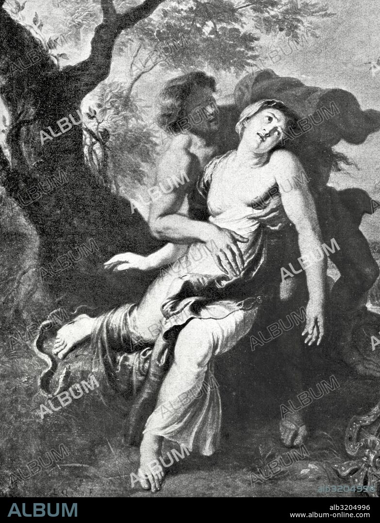 Greek mythology. The nymph Eurydice, wife of Orpheus, dies by a viper's bite when she steps it. Engraving.