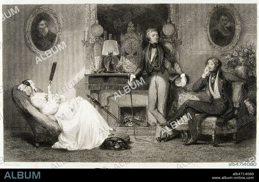 'Les rivaux' Scene d'interieur, deux hommes dans le salon d'une jeune dame. Lithographie de Eugene LAMI realisee vers 1840 (XIXeme s., 19eme s., 19e s.) Credit : JEAN VIGNE / KHARBINE TAPABOR.