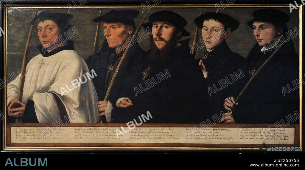 ARTE. RENACIMIENTO. HOLANDA. JAN VAN SCOREL (1495-1562). Pintor holandés. Se le atribuye la introduccion del arte del Alto renacimiento italiano en los Países Bajos. "Cinco miembros de la Hermandad de Utrecht de los Peregrinos de Jerusalén" 1541. Oleo sobre tabla. Centraal Museum. Utrecht. Países Bajos.