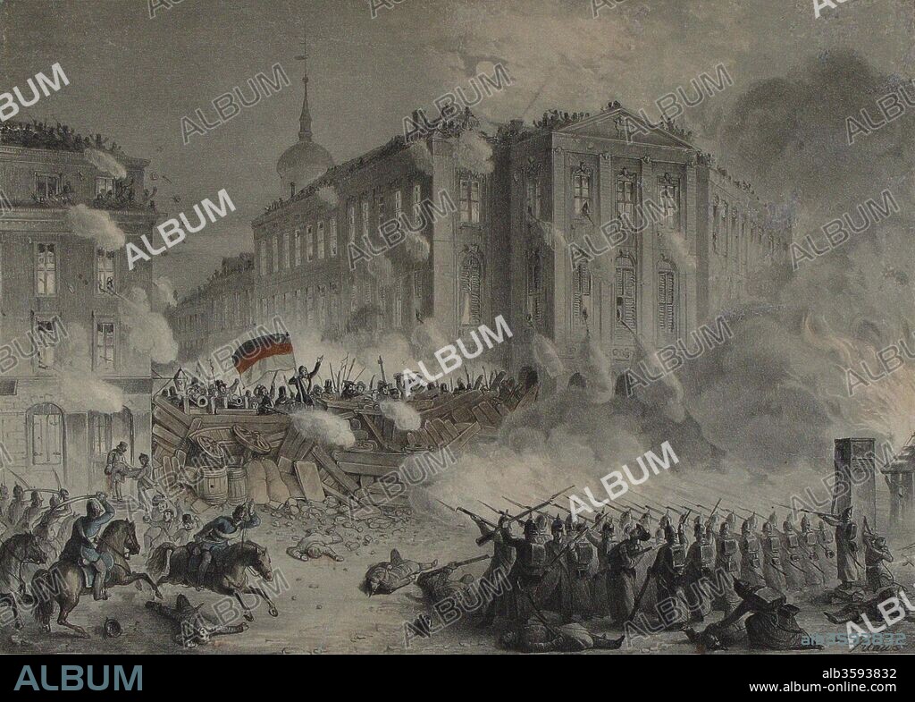ANONYMOUS. Barricade fighting at the Alexanderplatz in Berlin on the night of 18 to 19 March 1848.