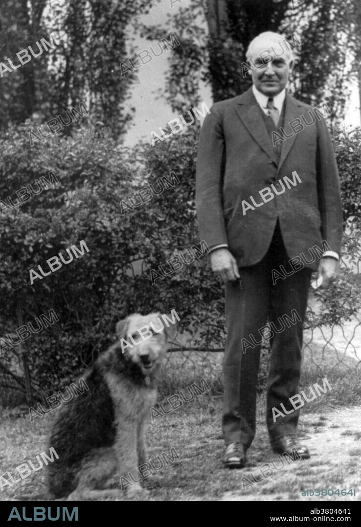 Harding with his airedale Laddie Boy. Warren Gamaliel Harding (November 2, 1865 - August 2, 1923) was the 29th President of the United States (1921-23). He defeated Democrat James M. Cox with the largest popular vote landslide (60% to 34%) in presidential history. He sought out the "best minds" in his cabinet, including Andrew Mellon at the Treasury, Herbert Hoover at Commerce, and Charles Evans Hughes at the State Department. He signed the first federal child welfare program, and dealt with striking mining and railroad workers in part by supporting an 8-hour work day. He created the Bureau of the Budget to prepare the first US federal budget. He advocated an anti-lynching bill to curb violence against African Americans, but it failed to pass Congress. In August 1923, Harding suddenly collapsed and died at the age of 57. In recent years there has been some recognition of his fiscal responsibility and endorsement of African-American civil rights. Harding has been viewed as a more modern politician who embraced technology and was sensitive to the plights of minorities, women, and labor. National Photo Company, circa 1909-1923.