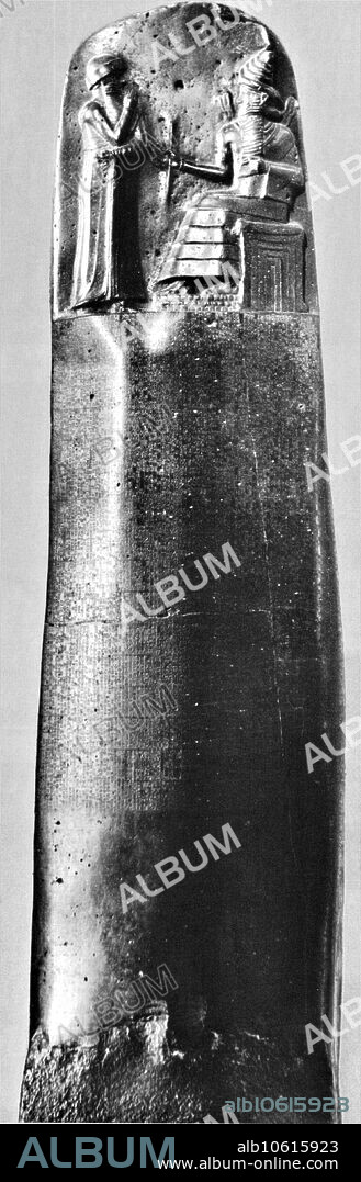 The Hammurabi stele. Hammurabi is depicted as standing before Sun God, Shamash. Hammurabi (1810-1750 BC)) was the sixth king of Babylon. He became the first king of the Babylonian Empire following the abdication of his father, Sin-Muballit, extending Babylon's control over Mesopotamia by winning a series of wars against neighboring kingdoms. Hammurabi is known for the set of laws called Hammurabi's Code, one of the first written codes of law in recorded history. These laws were inscribed on stone tablets (stele) standing over eight feet tall, of unknown provenance, found in Persia in 1901. The stele is decorated with a bas-relief of Hammurabi being commissioned by the sun god Shamash to inscribe the laws. The code contains nearly 4,000 lines of text containing around 282 laws, a historical prologue, and a literary and religious epilogue. Owing to his reputation in modern times as an ancient law-giver, Hammurabi's portrait is in many government buildings throughout the world.