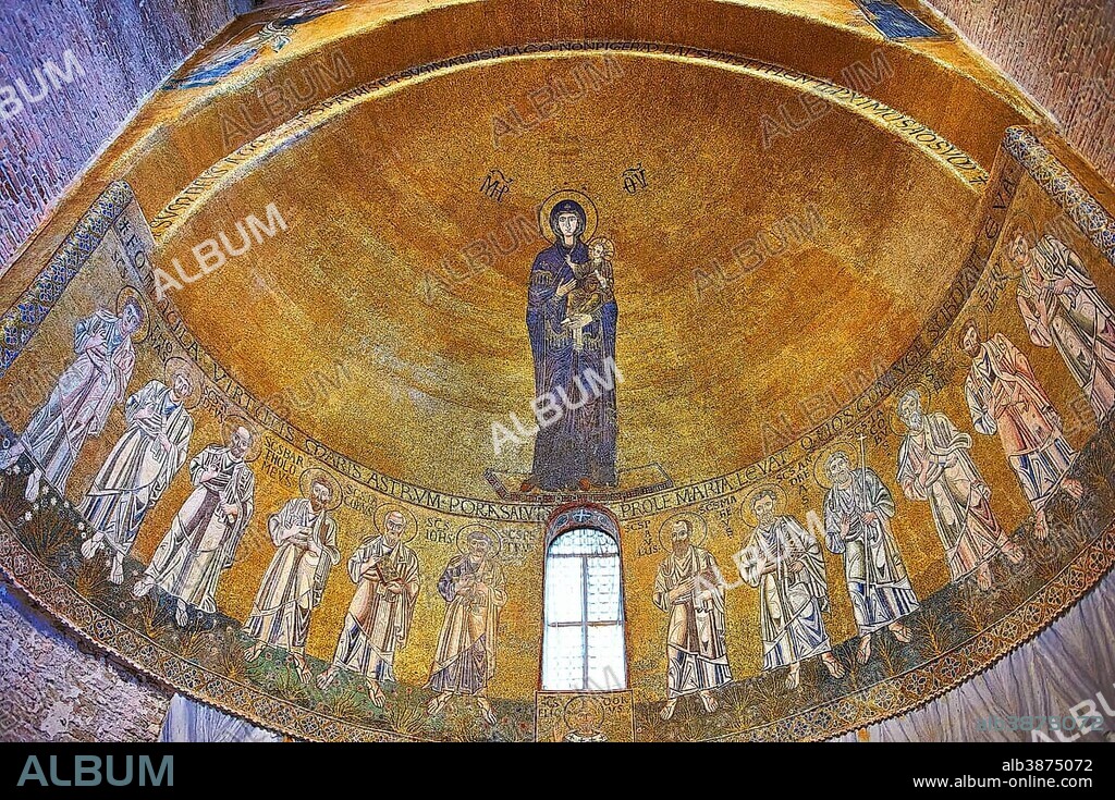 Byzantine mosaic of the Virgin Mary and Child above the altar of the Cathedral of Santa Maria Assunta, Torcello, Venice, Italy