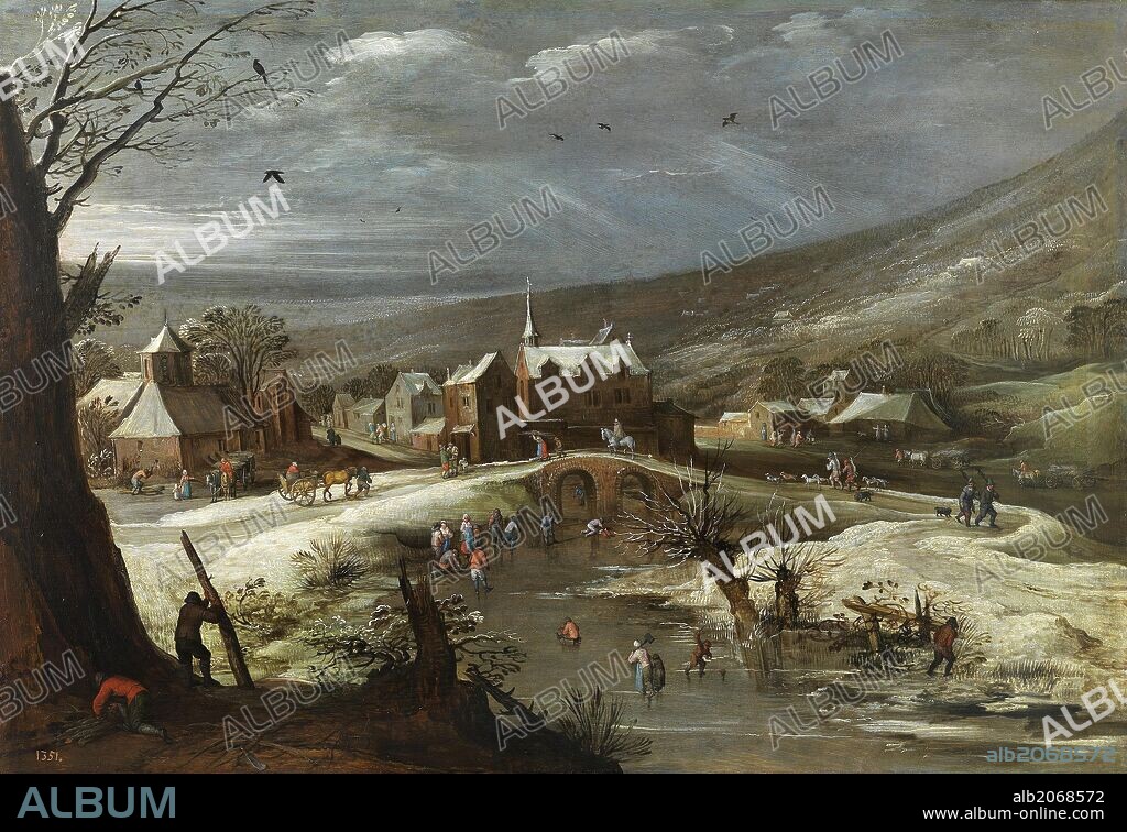 JAN BRUEGHEL EL VIEJO y JOOS DE MOMPER. Jan Brueghel 'el Viejo'; Joos de II Momper / 'Paisaje con patinadores', 1615-1625, Escuela Flamenca, Tabla, 58 cm x 84 cm, P01588.