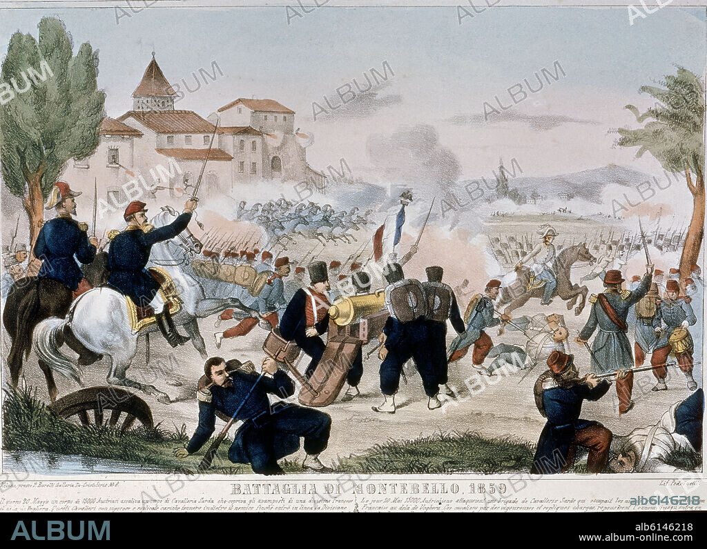 BATALLA DE MONTEBELLO OCURRIDA EL 20 DE MAYO DE 1859 - GRABADO SIGLO XIX.