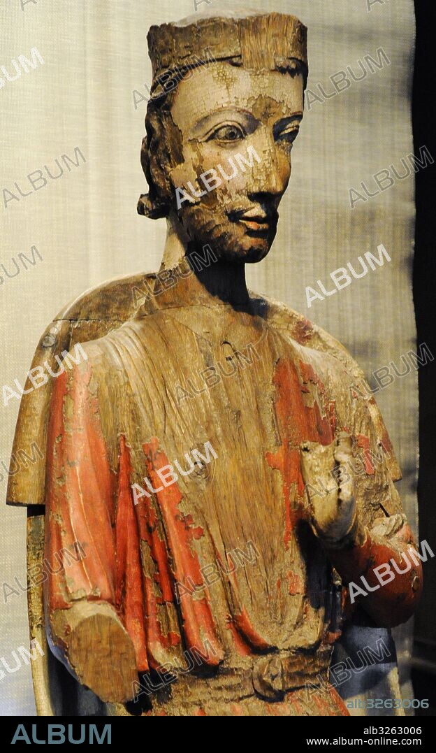 San Olaf o Olaf II de Noruega (995-1030). Rey Noruego entre 1015-1028. Talla de madera policromada de Olaf II Haraldssson. Pieza procedente de la Iglesia Fresvik, Leikanger, Sogn og Fjordane. 1250-1260. Museo Histórico (Historical Museum). Oslo. Noruega.