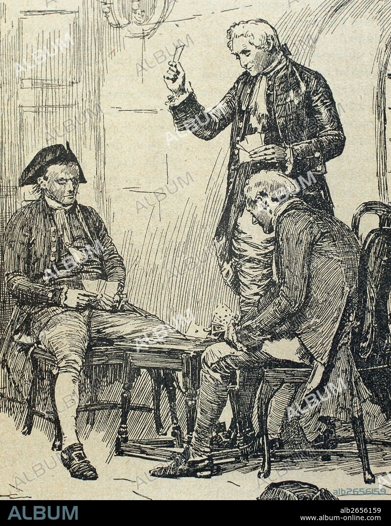 REVOLUCION FRANCESA. Periodo que comprende desde la apertura de los Estados Generales (5 de mayo de 1789) al Golpe de Estado del 18 de brumario (9-XII-1799). "EL CONDE FERRERS JUGANDO AL PIQUET CON SUS CARCELEROS, ANTES DE SU EJECUCION". Grabado del siglo XIX.
