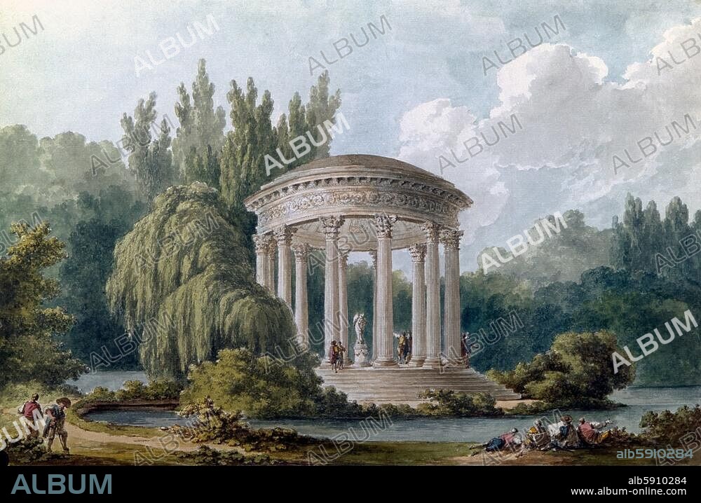 Versailles (Frankreich), Jardins de Trianon, Jardins Anglais (englischer Garten beim Petit Trianon; angelegt für Marie Antoinette; Gartenarch.: Richard Mique). "Vue du Temple" (Liebestempel, erbaut 1778; mit Skulptur von Edme Bouchardon). Aquarell, 1786, von Richard Mique (1728-1794). Aus der Serie: Recueil des Plans du Petit Trianon. Versailles, Château et Trianons.