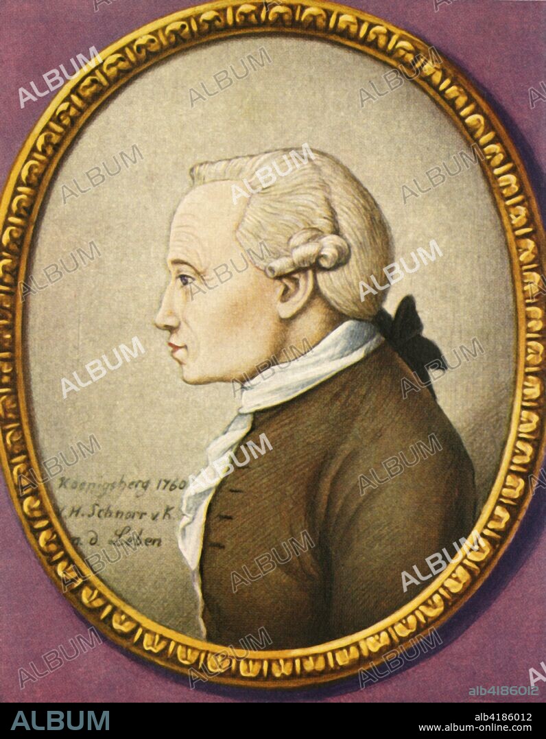 'Immanuel Kant', (1933). Portrait of Immanuel Kant (1724-1804), German philosopher and a central figure in modern philosophy. After a 1789 drawing by Hans Veit Friedrich Schnorr von Carolsfeld. From "Gestalten Der Weltgeschichte", a book of cigarette-card portrait miniatures of figures in world history from the last four hundred years. [Germany, 1933].