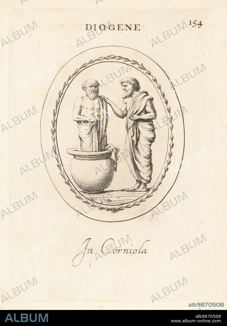 Greek Cynic philosopher Diogenes of Sinope (4th century BC) standing in a jar or pithos. In carnelian. Diogene. In corniola. Copperplate engraving by Giovanni Battista Galestruzzi after Leonardo Agostini from Gemmae et Sculpturae Antiquae Depicti ab Leonardo Augustino Senesi, Abraham Blooteling, Amsterdam, 1685.