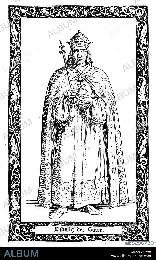 Louis IV., called the Bavarian, house of Wittelsbach, was King of the Romans from 1314, Holy Roman Emperor from 1328. Ludwig IV., Ludwig der Bayer, 1282-1347, Haus Wittelsbach war ab 1314 römisch-deutscher König und ab 1328 Kaiser im Heiligen Römischen Reich, Digital improved reproduction of an illustration from the 19th century.