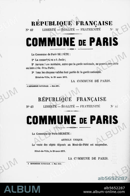 Commune de Paris, 18 mars - 28 mai 1871. - "La Commune de Paris décrète (..) ". Affiche du 29 mars 1871. Paris, Bibliothèque Nationale.