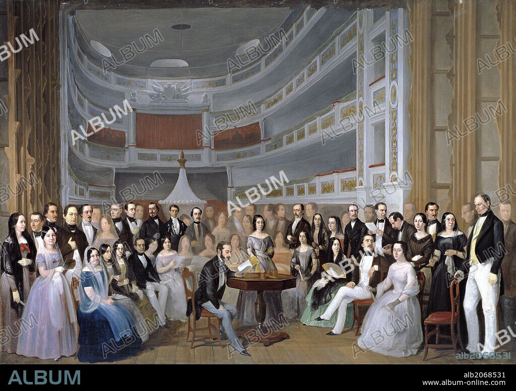 ANTONIO MARIA ESQUIVEL. Antonio María Esquivel y Suárez de Urbina / 'Ventura de la Vega leyendo una obra en el Teatro del Príncipe', 1846-1847, Escuela Española, Óleo sobre Lienzo, 146 cm x 208 cm, P03303.