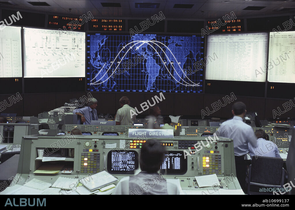 A look at NASA's mission control room at the Johnson Space Center, also known by its callsign, 'Houston,' during a simulation of a space mission. Photo circa 1985.