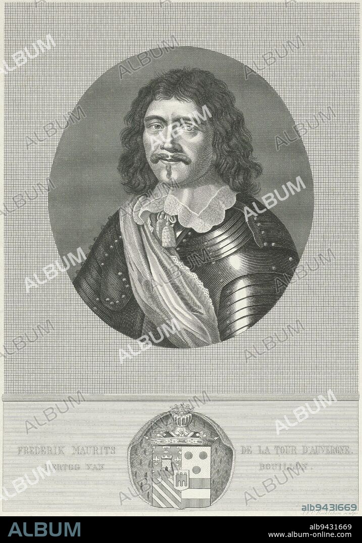 Portrait of Frédéric-Maurice de la Tour d'Auvergne, Jan Frederik Christiaan Reckleben, after Robert Nanteuil, 1866 - 1868, Portrait of Frédéric Maurice de la Tour d'Auvergne Duke of Bouillon, dressed in armor, with a collar and sash. In the margin his name, title and coat of arms., print maker: Jan Frederik Christiaan Reckleben, (mentioned on object), Robert Nanteuil, Amsterdam, 1866 - 1868, paper, steel engraving, h 277 mm × w 204 mm.