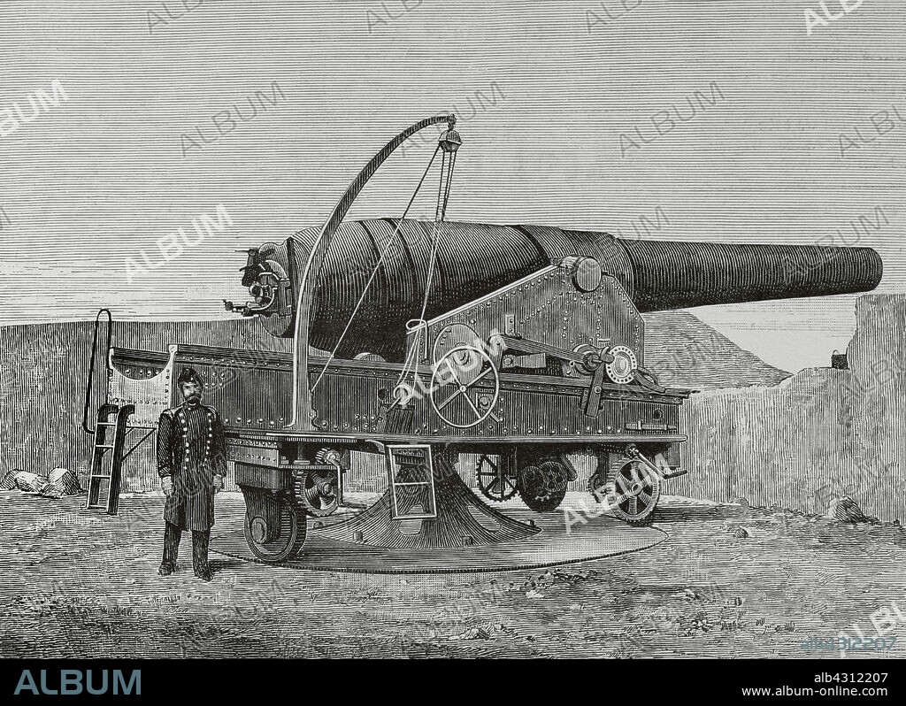 Armstrong 30.5 cm gun, mounted on la Soledad Bulwark. Cadiz, Andalusia, Spain. Engraving. La Ilustración Española y Americana (The Spanish and American Illustration), 1883.