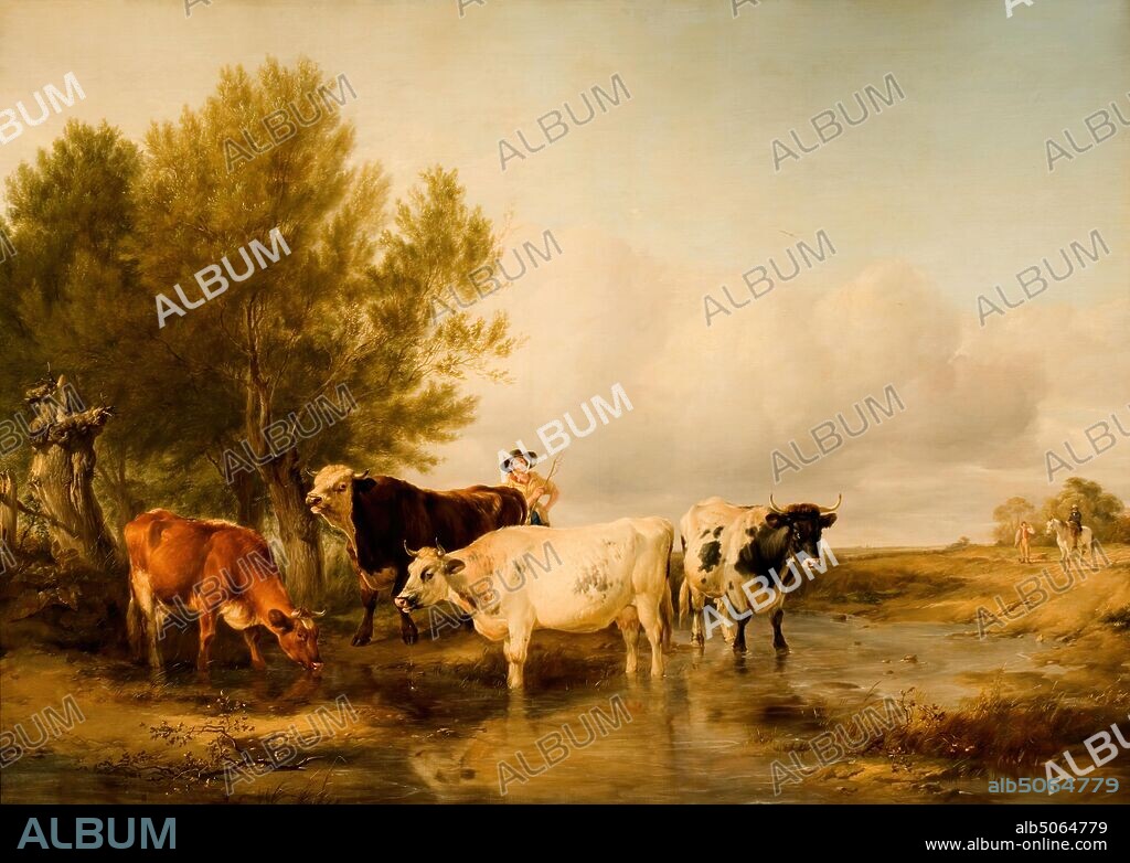 Cattle in a Stream, 1841 By Thomas Sidney Cooper Bequeathed by Miss Jessie Follet Osler, 1927., Tree, Oil Painting, Rural, Animal, Cow, Countryside, Shepherd, Stream.