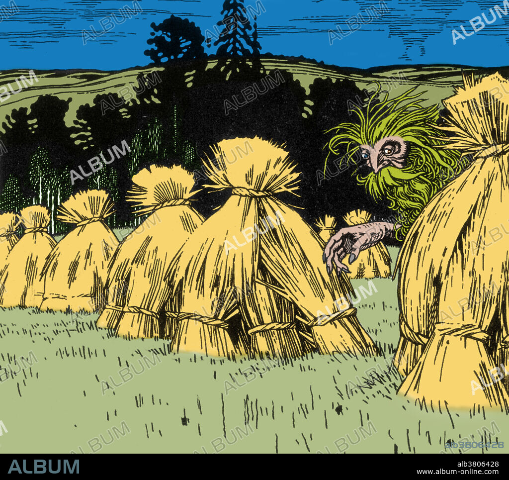 Polevik in Polish mythology are field spirits that appear as a deformed dwarfs with different colored eyes and grass instead of hair. They appear either at noon or sunset and wear either all black or all white suits. According to local beliefs they lead wandering people in a field astray, give them diseases or ride them over with their horses if they are found asleep. If a person falls asleep on the job after drinking, the Poleviki might murder them. Appeasing the Polevik requires two eggs, a rooster, a toad, and a crow placed in a ditch when no one is looking. Ivan Yakovlevich Bilibin (August 16, 1876 - February 7, 1942) was a Russian illustrator and stage designer who was inspired by Slavic folklore. He gained renown in 1899, when he released his illustrations of Russian fairy tales. He died in 1942 during the Siege of Leningrad at the age of 65.