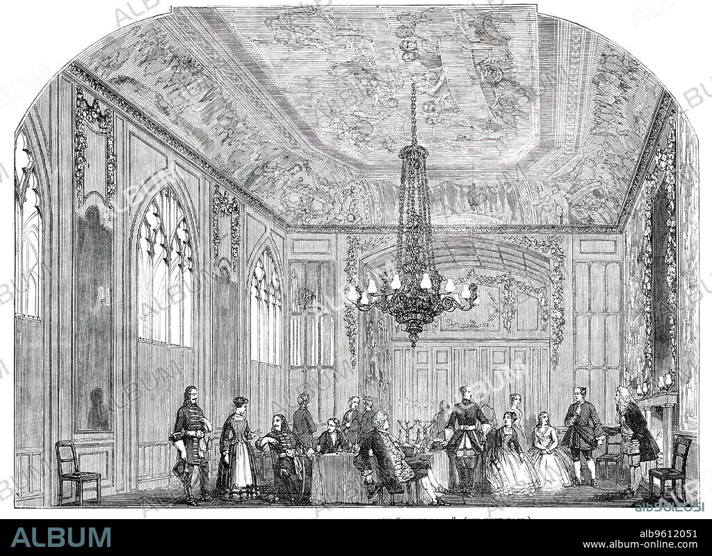Theatrical Performances at Windsor Castle - the "Green Room", 1850. Entertainment for Queen Victoria and family at the royal residence, scene showing '...actors dressed for "Charles the XII.," and others who, engaged in the first piece, have doffed their costumes for their usual dresses. "Charles the XII." was preceded by "King Rene's Daughter," translated by the Hon. Edmund Phipps, from the German version of the Danish poem of Henric Herz...the State Ante-room...is noticeable as showing the style in which many of the old state rooms had their ceilings decorated. The subject of this pictorial ceiling is the Banquet of the Gods...a fine specimen of the abilities of Verrio...The carved festoons of flowers and game which are above the fire-place, over some looking-glasses, and the recessed doors...are the handywork of Grinling Gibbons'. From "Illustrated London News", 1850.