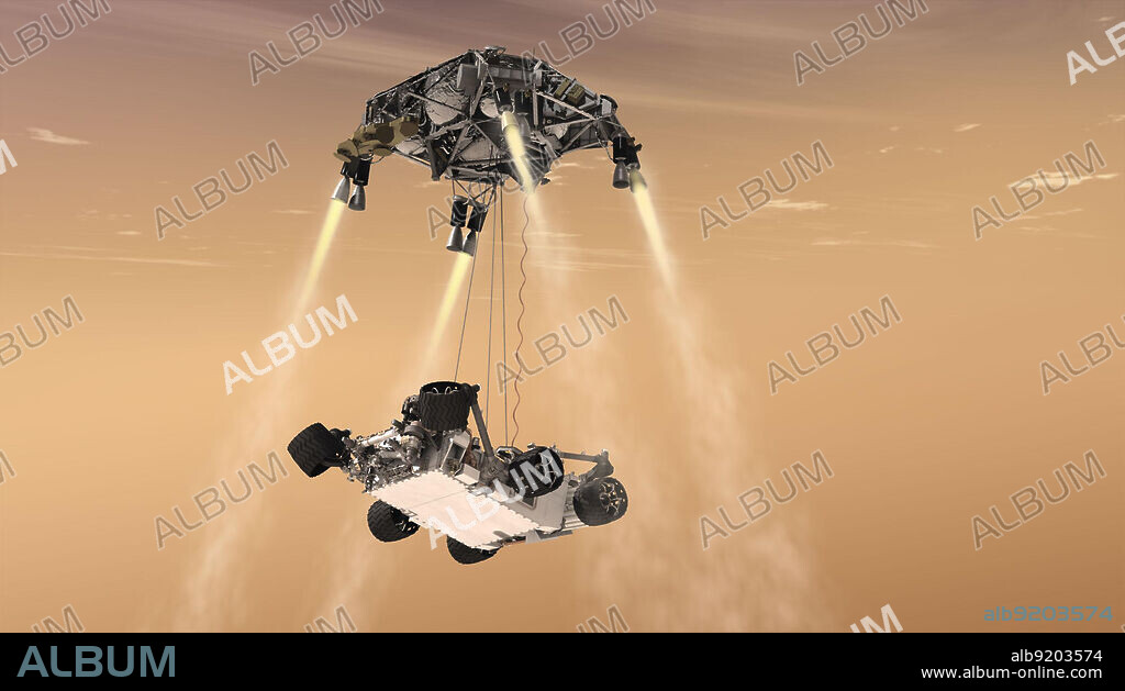 Digital illustration showing the sky crane maneuver during the descent of NASA's Curiosity rover to the Martian surface. Instead of the familiar airbag landing systems of the past Mars missions, Mars Science Laboratory will use a guided entry and a sky crane touchdown system to land the hyper-capable, massive rover. In the depicted scene, the spacecraft has begun lowering the rover while simultaneously controlling its own rate of descent with throttle-controllable rocket engines.