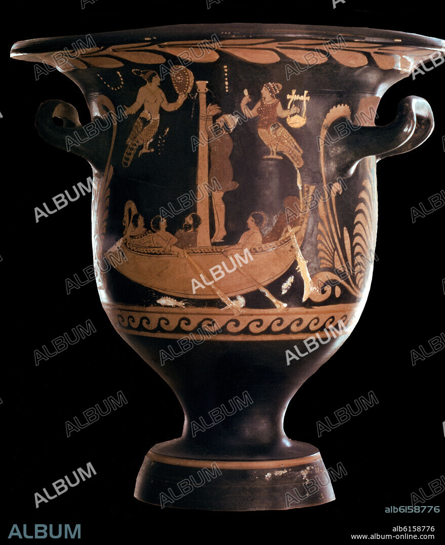 CRATERA DE CAMPANA DECORADA CON TECNICA DE FIGURAS ROJAS QUE REPRESENTAN LA  ESCENA DE ULISES Y LAS SIRENAS, ATRIBUIDA A PYTHON.