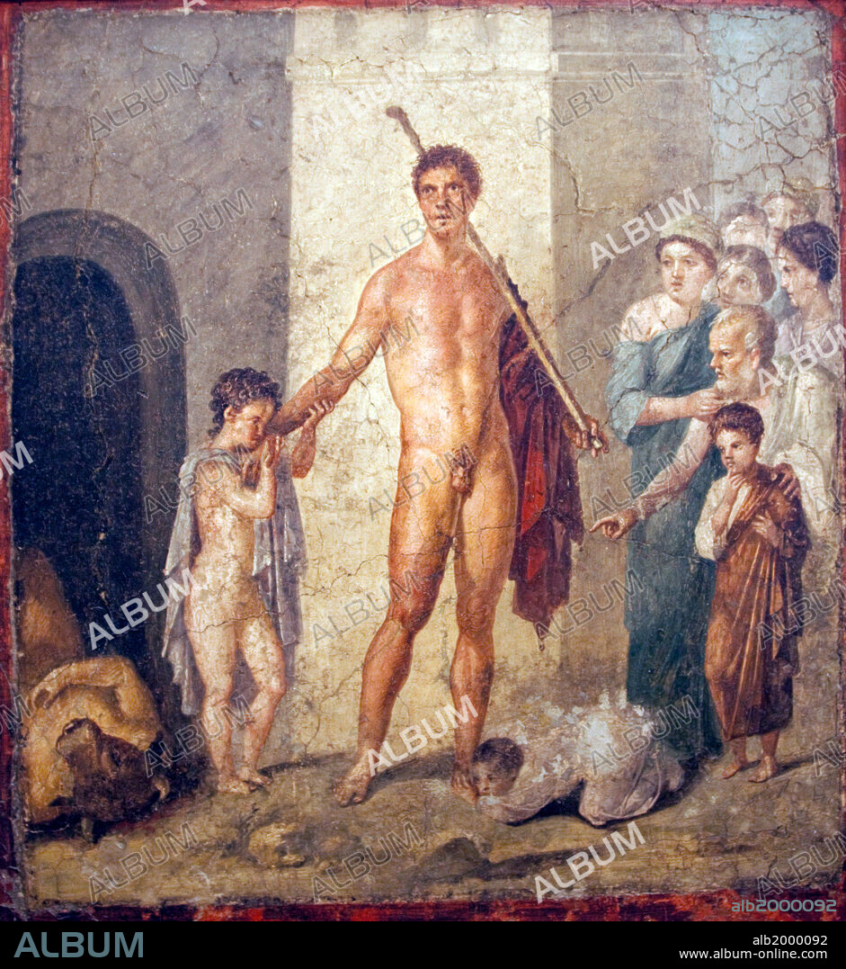 Italy, Naples, Naples Museum, from Pompeii, House of Gavius Rufus (VII, 2, 16), Liberator Theseus . The fresco, painted in the Fourth Style, shows the conclusion of the famous episode in which the Greek hero Theseus kills the Minotaur and the simultaneous release of the young Athenians. At the center stands the naked figure of Theseus with his cloak over his left arm and bearing a club on his left shoulder, while a grateful boy kisses his right hand while another kisses his left foot. On the right the hero is approached by a boy and an old man who, with his right hand, points to the monster who lies dead in the lower left-hand corner of the fresco near to the door of the labyrinth.
