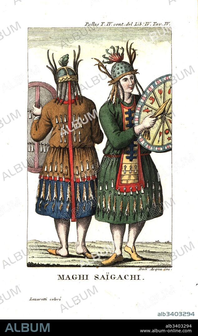 Khakas or Khakass shamans from Saygachi, near Krasnoyarsk, Siberia. They wear helmets decorated with antlers, leather dresses covered with animal bones and hold sacred drums. Illustration from Peter Simon Pallas’s Travels in the southern regions of Russia. Copperplate engraving by Dell'Acqua handcoloured by Lazaretti from Giovanni Battista Sonzogno’s Collection of the Most Interesting Voyages (Raccolta de Viaggi Piu Interessanti), Milan, 1815-1817.