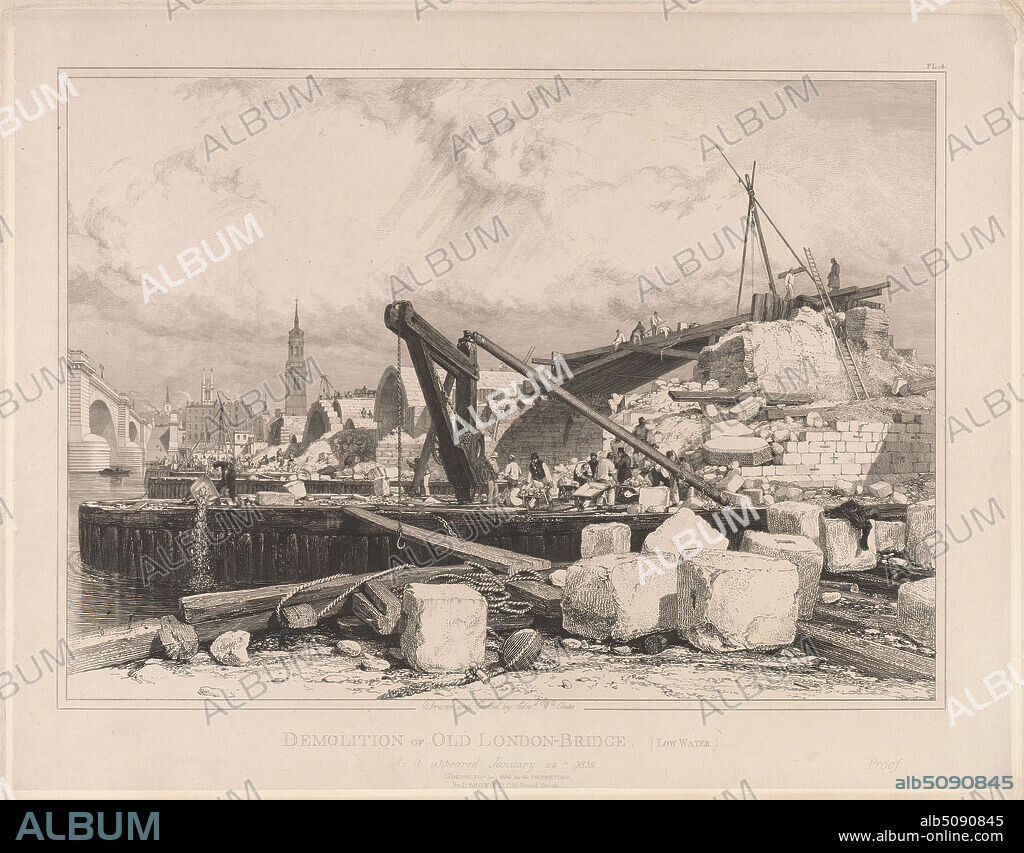 Demolition of Old London Bridge, Edward William Cooke, 18111880, British, after Edward William Cooke, 18111880, British, 1832, Engraving, Sheet: 12 7/8 x 16 5/8in. (32.7 x 42.2cm).