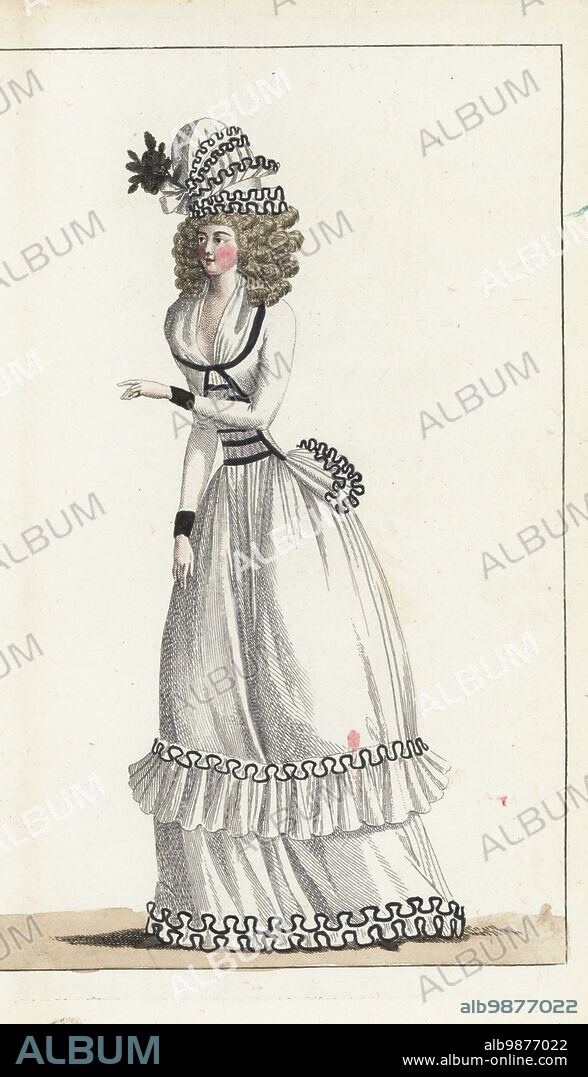 Woman in demi-deuil or mourning dress. White crepe bonnet with black ribbon, hair in large curls, white fichu, white crepe caraco jacket bordered in black ribbon, white crepe petticoat with falbala ruffle. Handcoloured copperplate engraving from Jean-Antoine le Brun or Lebrun-Tossas Journal de la Mode et du Gout, previously Cabinet des Modes, Chez Buisson, Paris, and Joseph le Boffe, London, 7me Cahier, 25 April 1790.