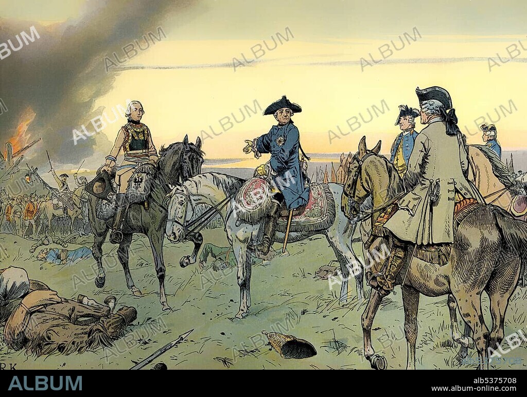 After the Battle of Zorndorf on 25 August 1758 in the Seven Years' War, Frederick II or Frederick the Great, 1712 - 1786, King of Prussia and Elector of Brandenburg from the royal house of Hohenzollern, historical painting from the 19th century