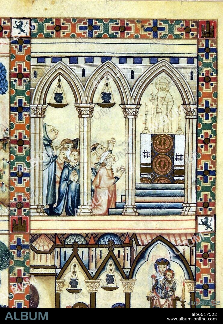 ALFONSO X DE CASTILLA EL SABIO. MS B.R.20- CANTIGA STA MARIANº278-F96-PEREGRINOS EN SANTIAGO DE COMPOSTELA-MINIATURA S XIII.