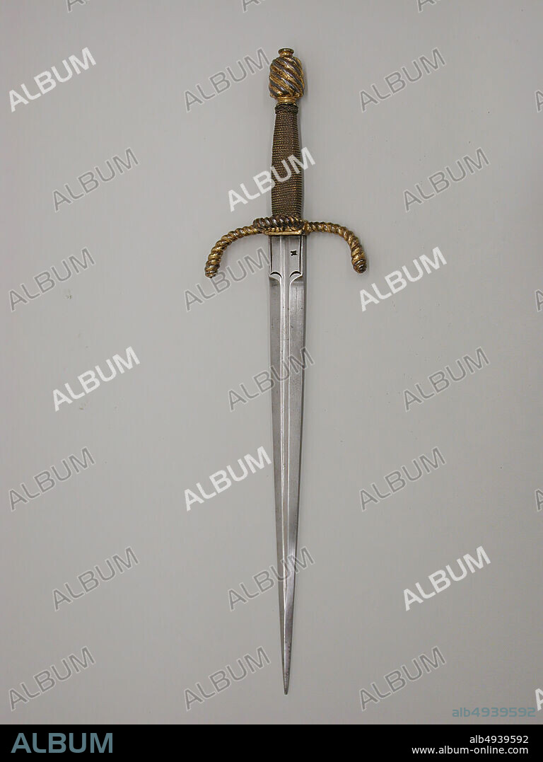 Parrying Dagger, German, Saxon, ca. 1580, German, Saxon, Steel, gold, copper wire, wood, L. 16 in. (40.6 cm); L. of blade 11 3/8 in. (28.9 cm); W. 4 1/8 in. (10.5 cm); Wt. 11 oz. (301 g), Daggers.