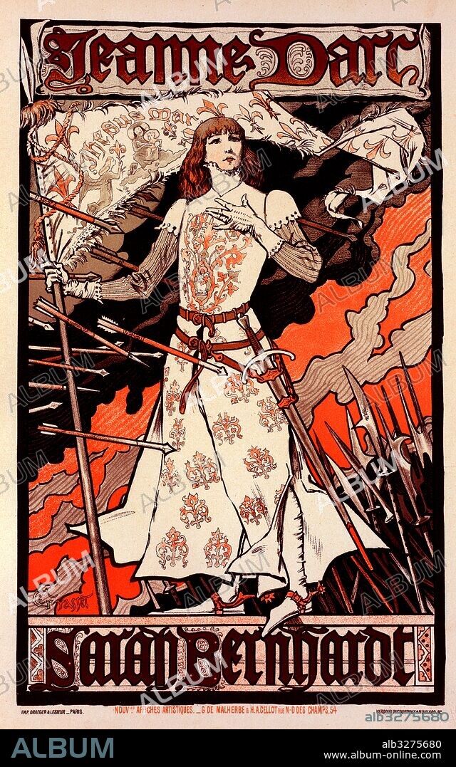 Poster for le Théâtre de la Renaissance. Joan of Arc, with Sarah Bernhardt (1844-1923), Renaissance Theatre, Jeanne d'Arc. Eugène Grasset 1845 – 1917, a Franco-Swiss decorative artist who worked in Paris, France in a variety of creative design fields during the Belle Époque. He is considered a pioneer in Art Nouveau design.