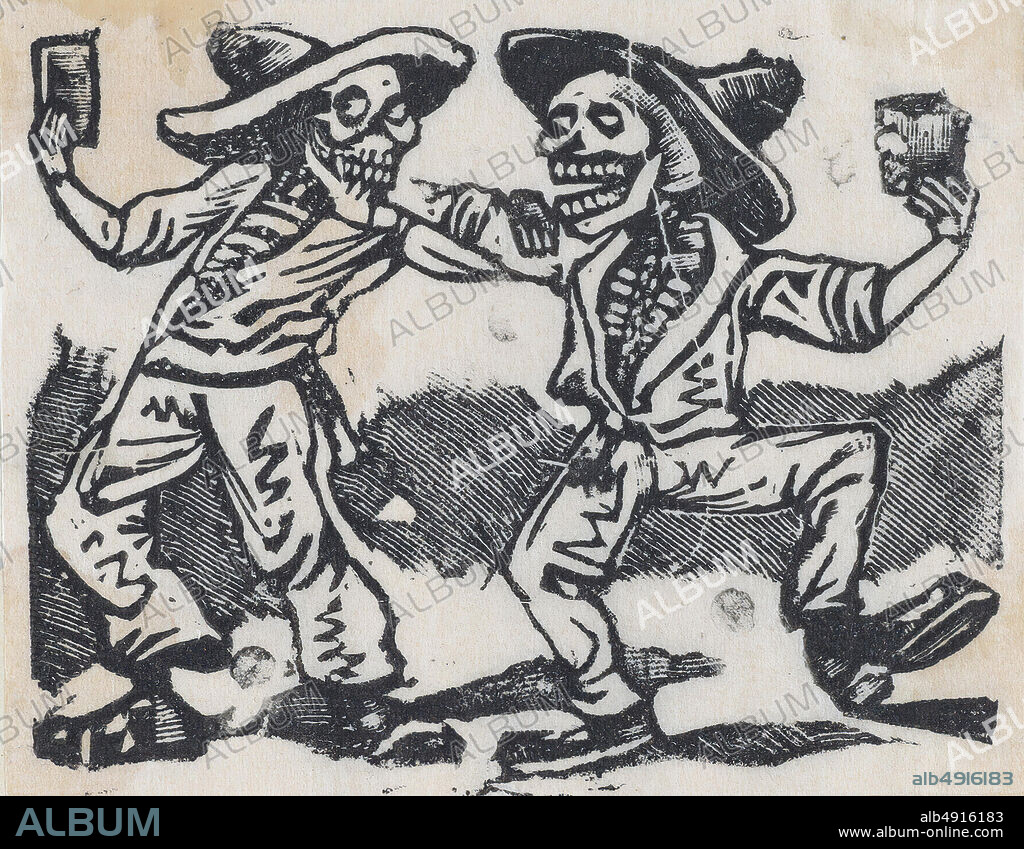 José Guadalupe Posada, Two male skeletons in suits dancing (vignette for the feast of the dead), José Guadalupe Posada (Mexican, 18511913), ca. 18901910, Metal-plate engraving, Sheet: 2 9/16 × 3 1/4 in. (6.5 × 8.3 cm), Prints.