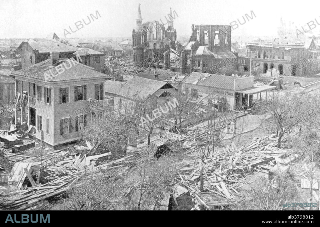 Only a few houses were left standing on the southeast side of Galveston, Texas. The Hurricane of 1900 made landfall on the city of Galveston, Texas, on September 8, 1900. It had estimated winds of 145 miles per hour at landfall, making it a Category 4 storm on the Saffir-Simpson Hurricane Scale It was one of the deadliest and costliest hurricanes in American history. The hurricane caused great loss of life with the estimated death toll between 6,000 and 12,000 individuals, giving the storm the third-highest number of deaths or injuries of any Atlantic hurricane, after the Great Hurricane of 1780 and 1998's Hurricane Mitch. The Galveston Hurricane of 1900 is to date the deadliest natural disaster ever to strike the United States. By contrast, the second-deadliest storm to strike the United States, the 1928 Okeechobee Hurricane, caused more than 2,500 deaths, and the deadliest storm of recent times, Hurricane Katrina, claimed the lives of approximately 1,800 people.